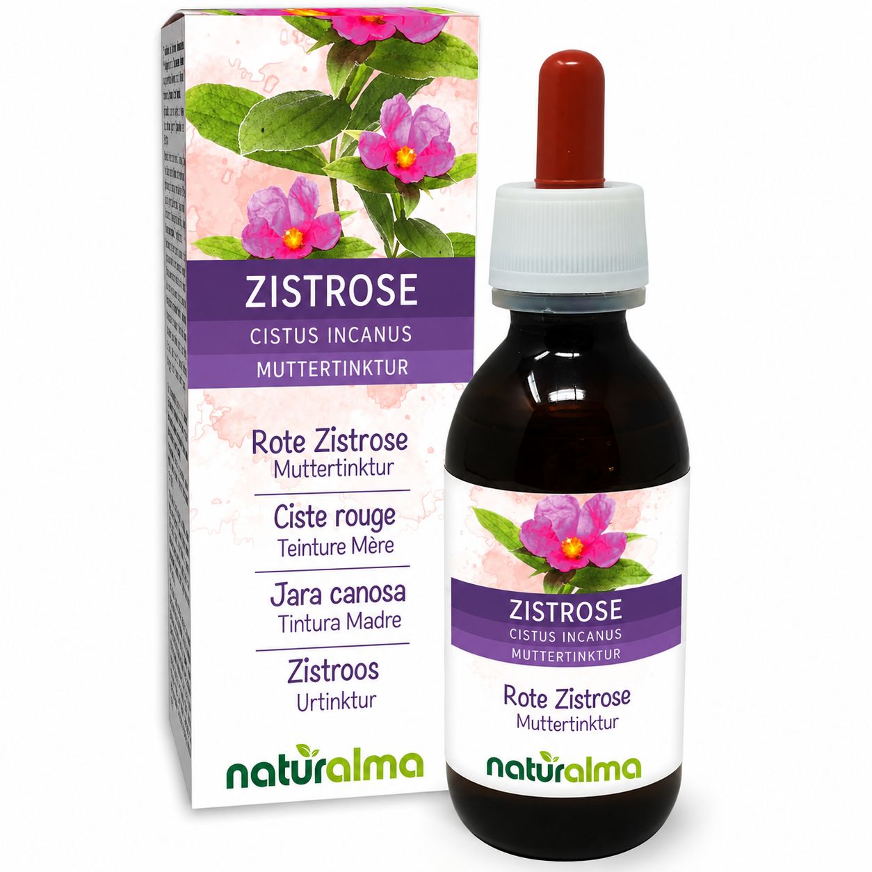 Zistrose Muttersaft Tropfflasche mit Pipette und Karton.