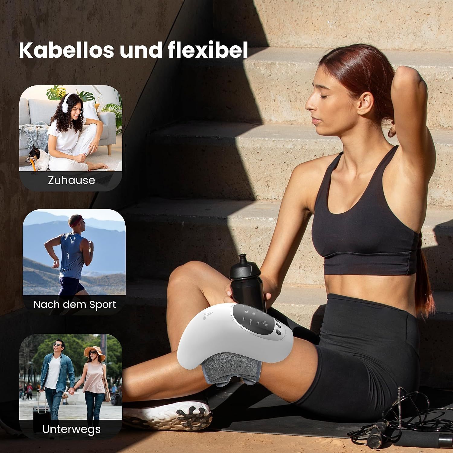 Massagegerät mit Darstellung von Knieknochen und Wärme-/Vibrationssymbolen. Marke: COMFIER.