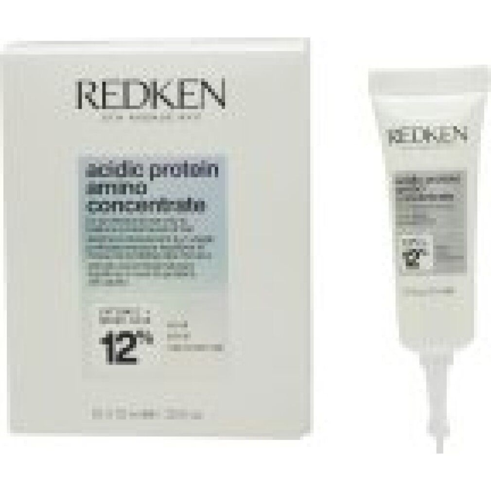 Weißer Karton und Tube. Aufschrift: Redken, acidic protein amino concentrate, 12%. Packung: 10 x 10 ml.