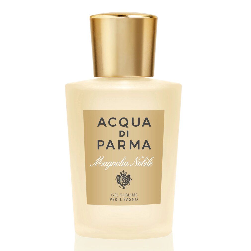 Beige Flasche mit goldfarbenem Verschluss. Aufkleber mit Text: Acqua di Parma, Magnolia Nobile. Gel Sublime Per Il Bagno.