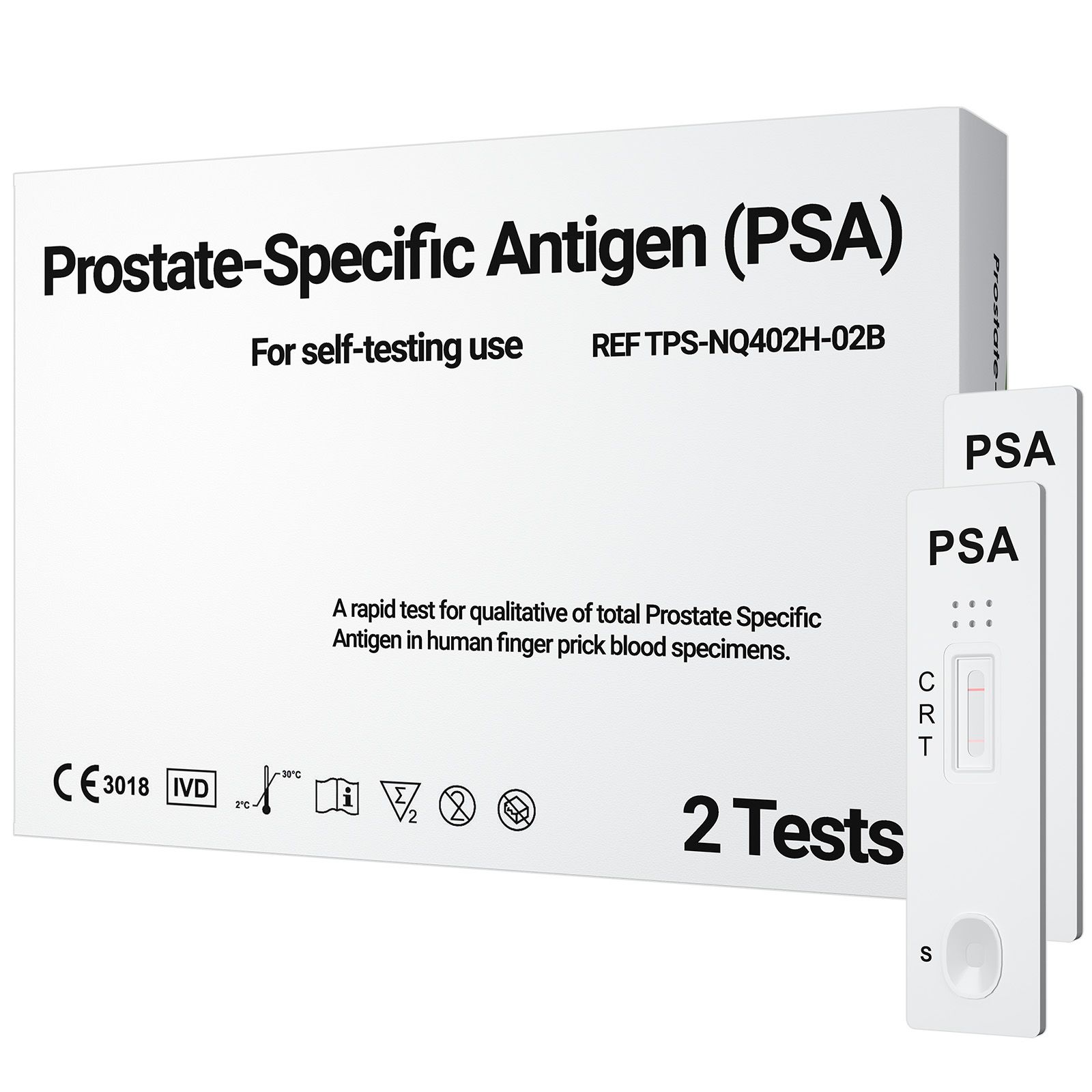 Packung mit zwei PSA-Tests. Aufschrift: Prostate-Specific Antigen (PSA). Für Selbsttest. Zwei Testkassetten.
