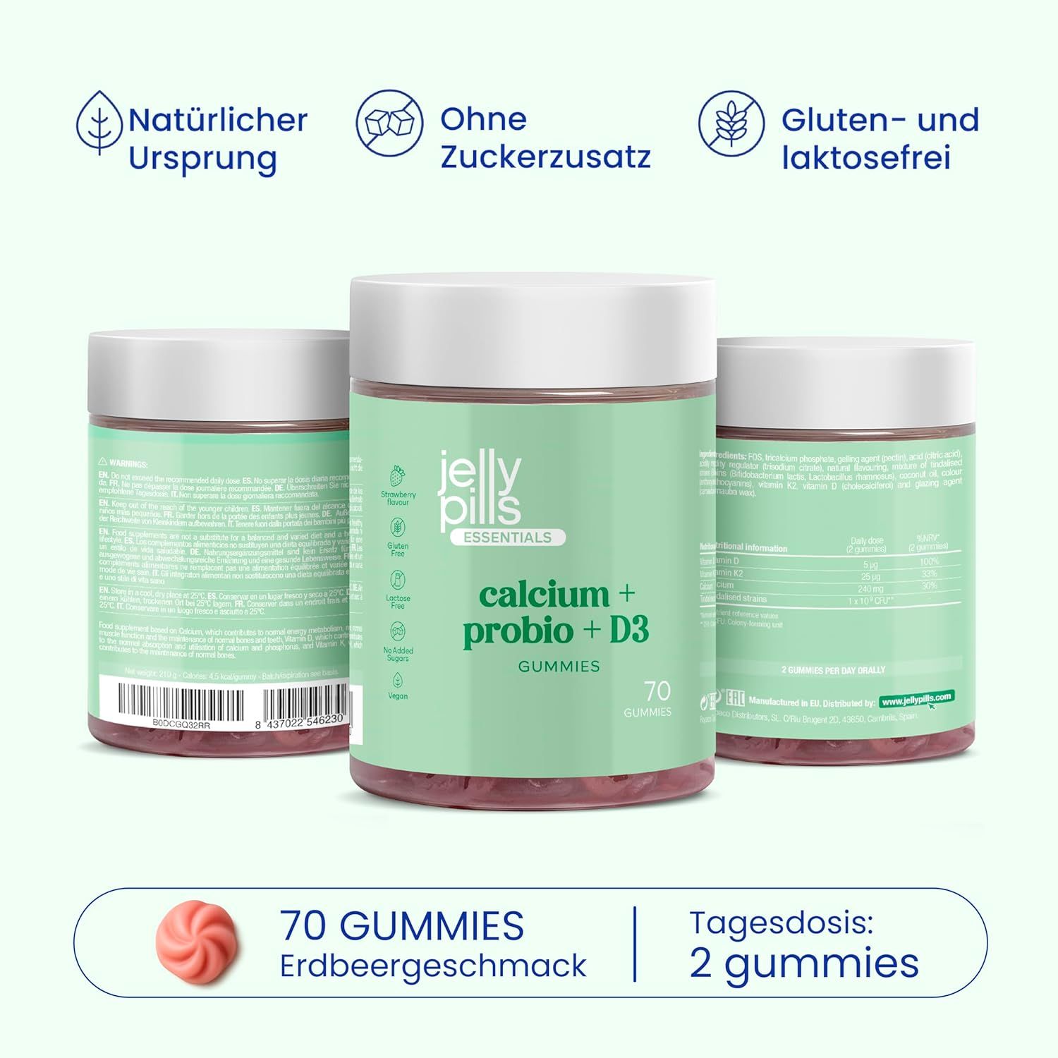 Drei Dosen "Jelly Pills" mit "Calcium + Probio + D3 Gummies". 70 Gummies. Natürlicher Ursprung, ohne Zuckerzusatz, gluten- und laktosefrei.