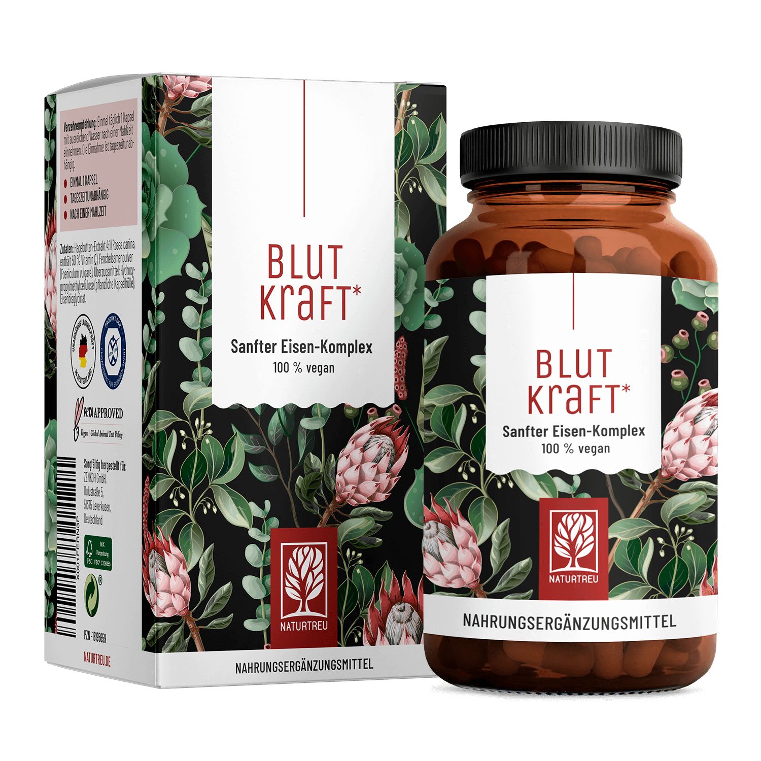 Braune Flasche und Schachtel mit Produktaufdruck. Aufschrift: Blutkraft, Sanfter Eisen-Komplex, 100% vegan. Mit NATURTREU® Logo.