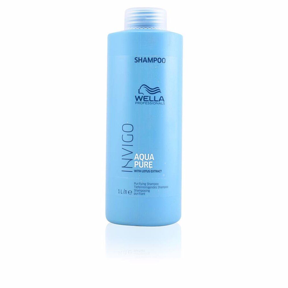 Hellblaues Shampoo mit weißem Deckel. Aufschrift: INVIGO, AQUA PURE, WELLA PROFESSIONALS. 1 L.