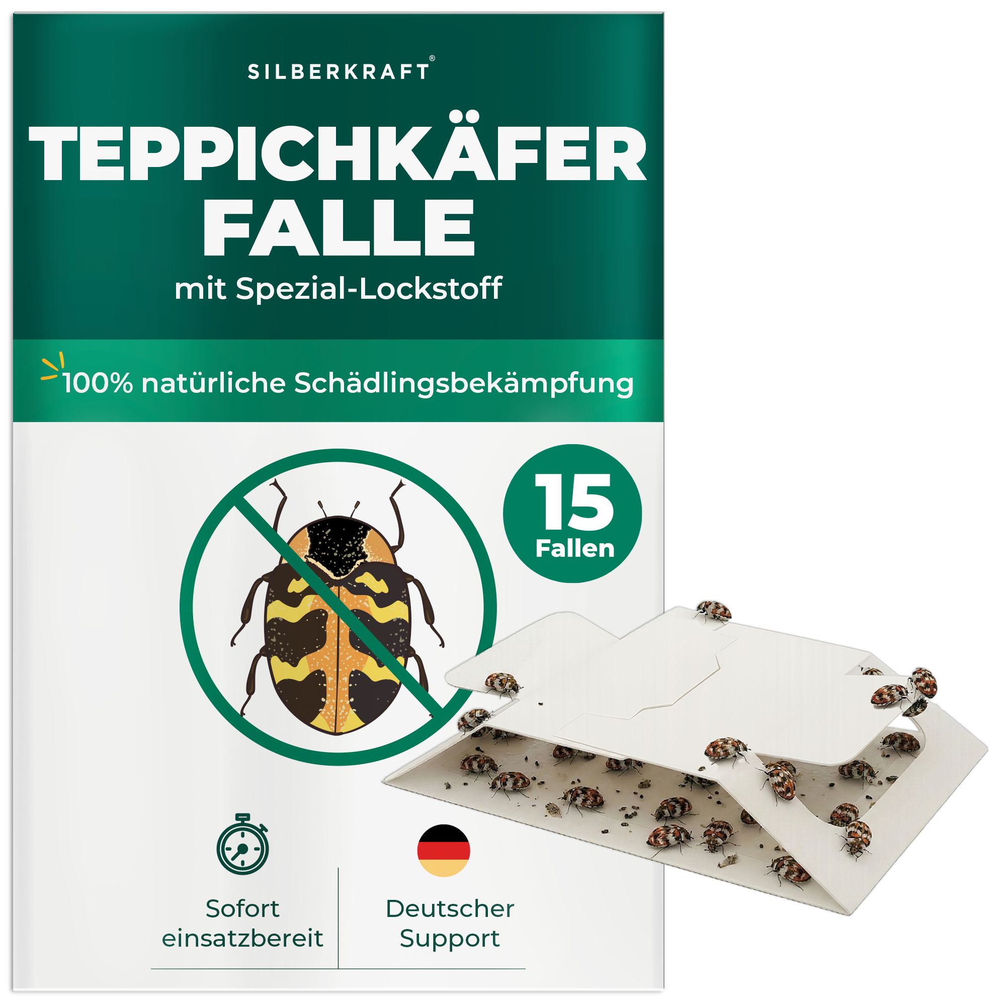 Verpackung der Teppichkäferfalle. Text: SILBERKRAFT, Teppichkäfer Falle, 15 Fallen, 100% natürliche Schädlingsbekämpfung.