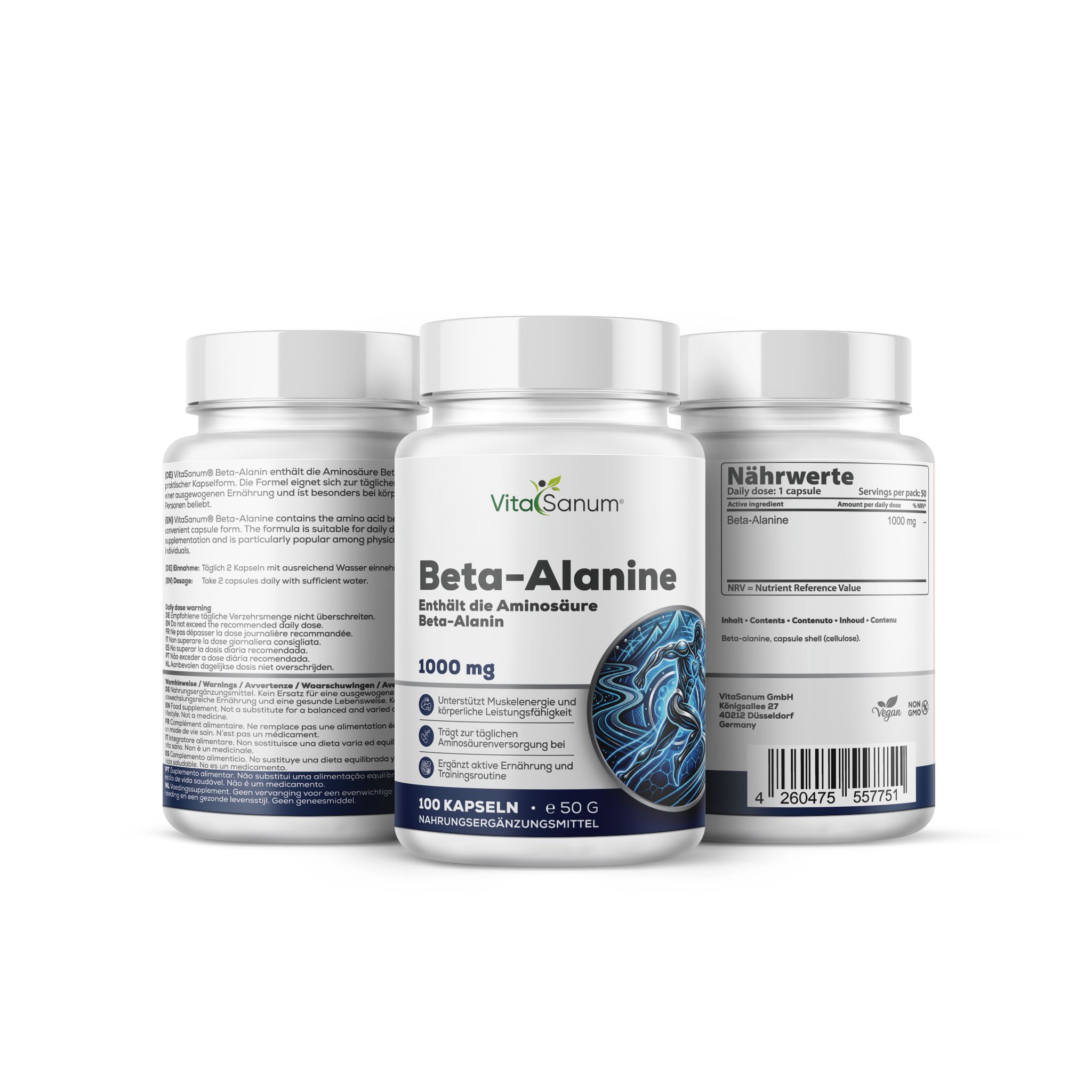 VitaSanum Beta-Alanin Kapseln: Drei Behälter mit 100 veganen Kapseln, 1000 mg Beta-Alanin pro Tagesportion.