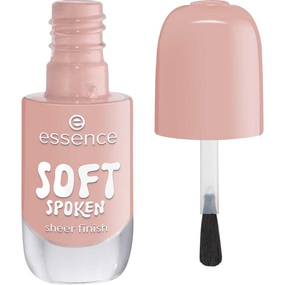 Nagellackflasche mit geöffnetem Deckel und Pinsel. Rosa Farbton, Schriftzug "essence SOFT SPOKEN sheer finish".
