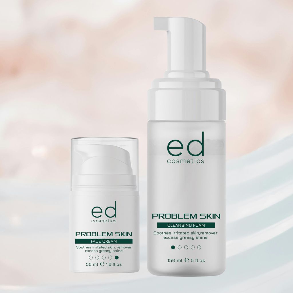 Zwei Flaschen. Links: ed cosmetics, PROBLEM SKIN FACE CREAM. Rechts: ed cosmetics, PROBLEM SKIN CLEANSING FOAM.