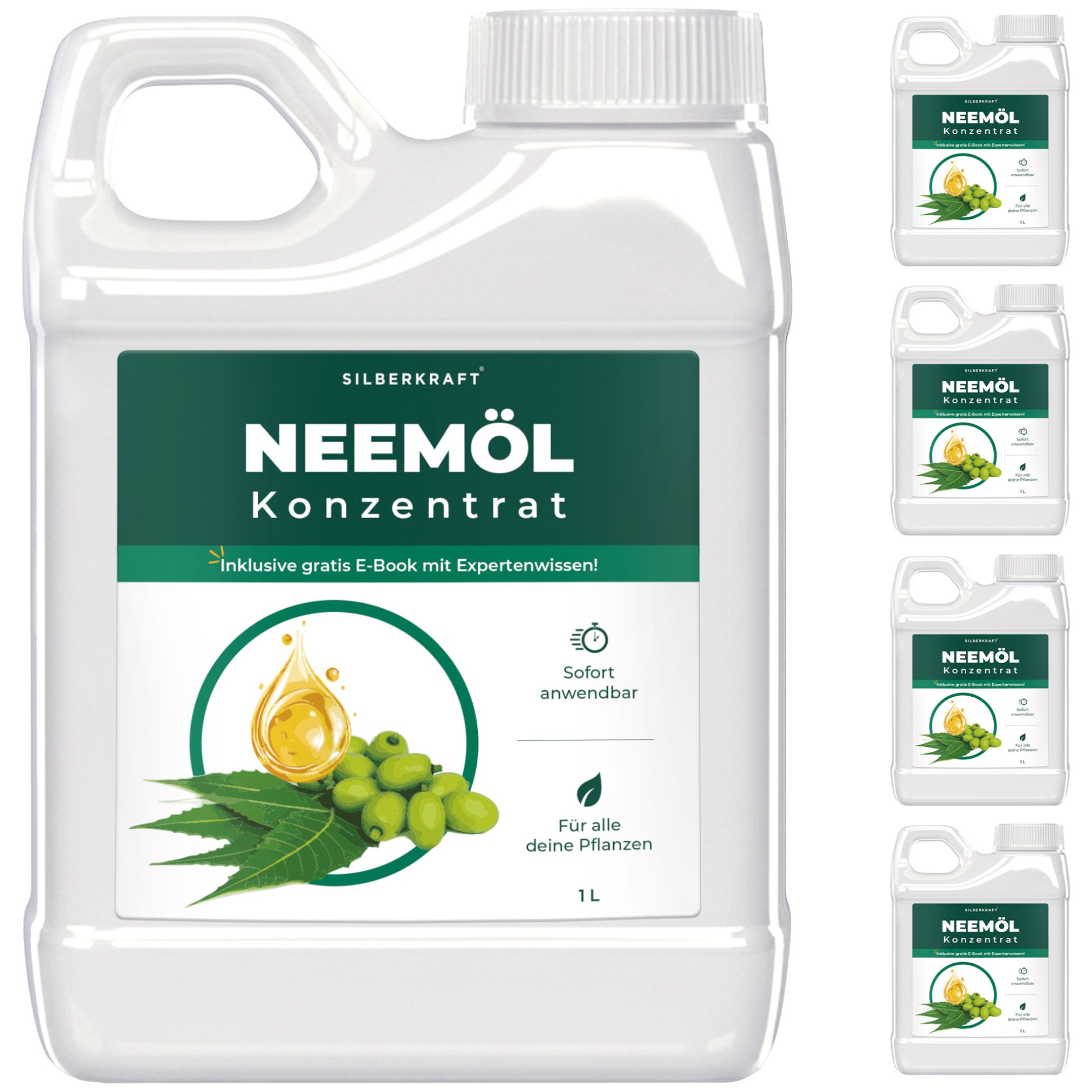 Weißer Kanister mit grünem Etikett. Aufschrift: SILBERKRAFT Niemöl Konzentrat. Abbildung von Blättern und Früchten. Mehrere kleinere Flaschen.