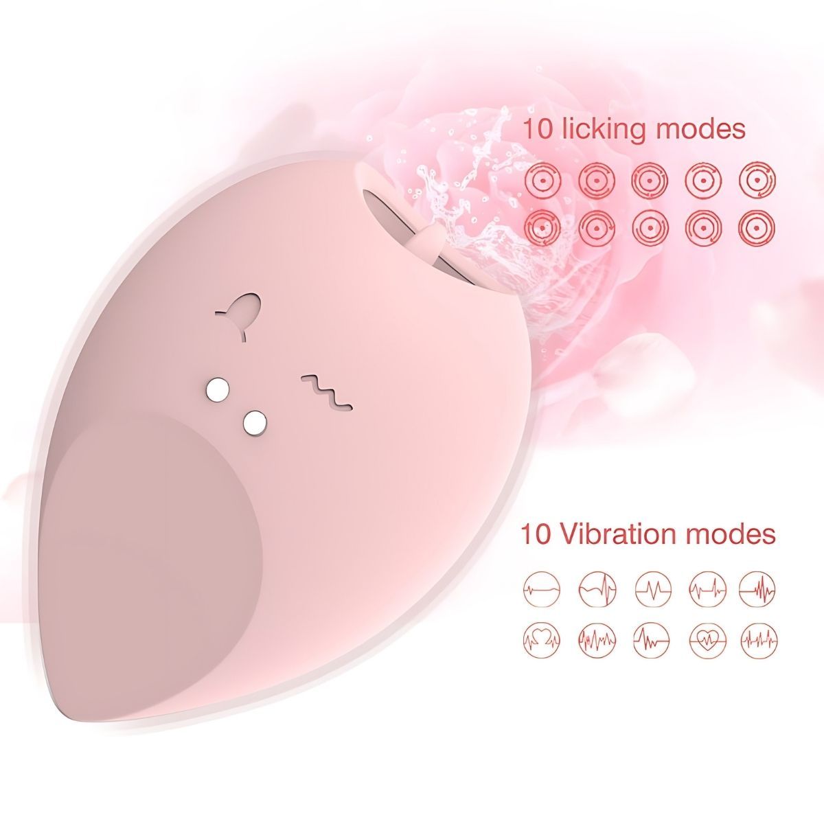 Rosa Vibrator in Tropfenform. Rosa, mit zwei Knöpfen und einem wellenförmigen und einem bogenförmigen Design. Text: 10 Licking-Modi, 10 Vibrationsmodi.