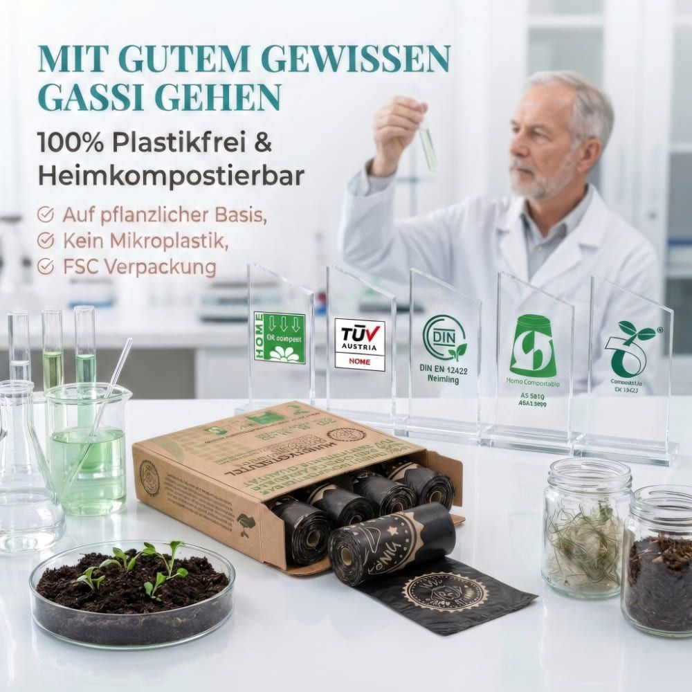 Mann im Labor mit Kotbeuteln und Zertifizierungen. Text: 100% plastikfrei & heimkompostierbar.