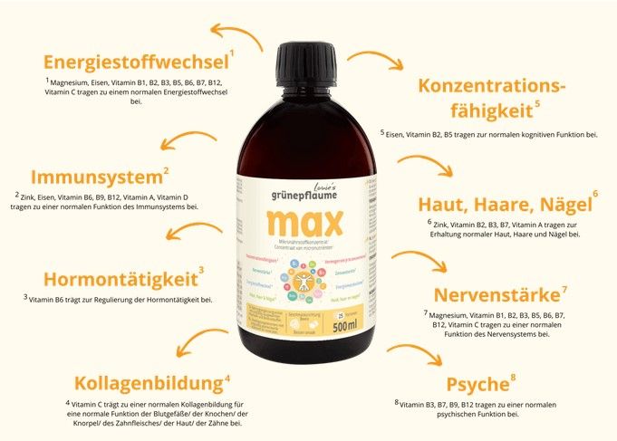 Braune Flasche mit Etikett. Aufschrift: MAX. Pfeile zeigen auf Funktionen wie Immunsystem, Konzentration, Haut. 500ml.