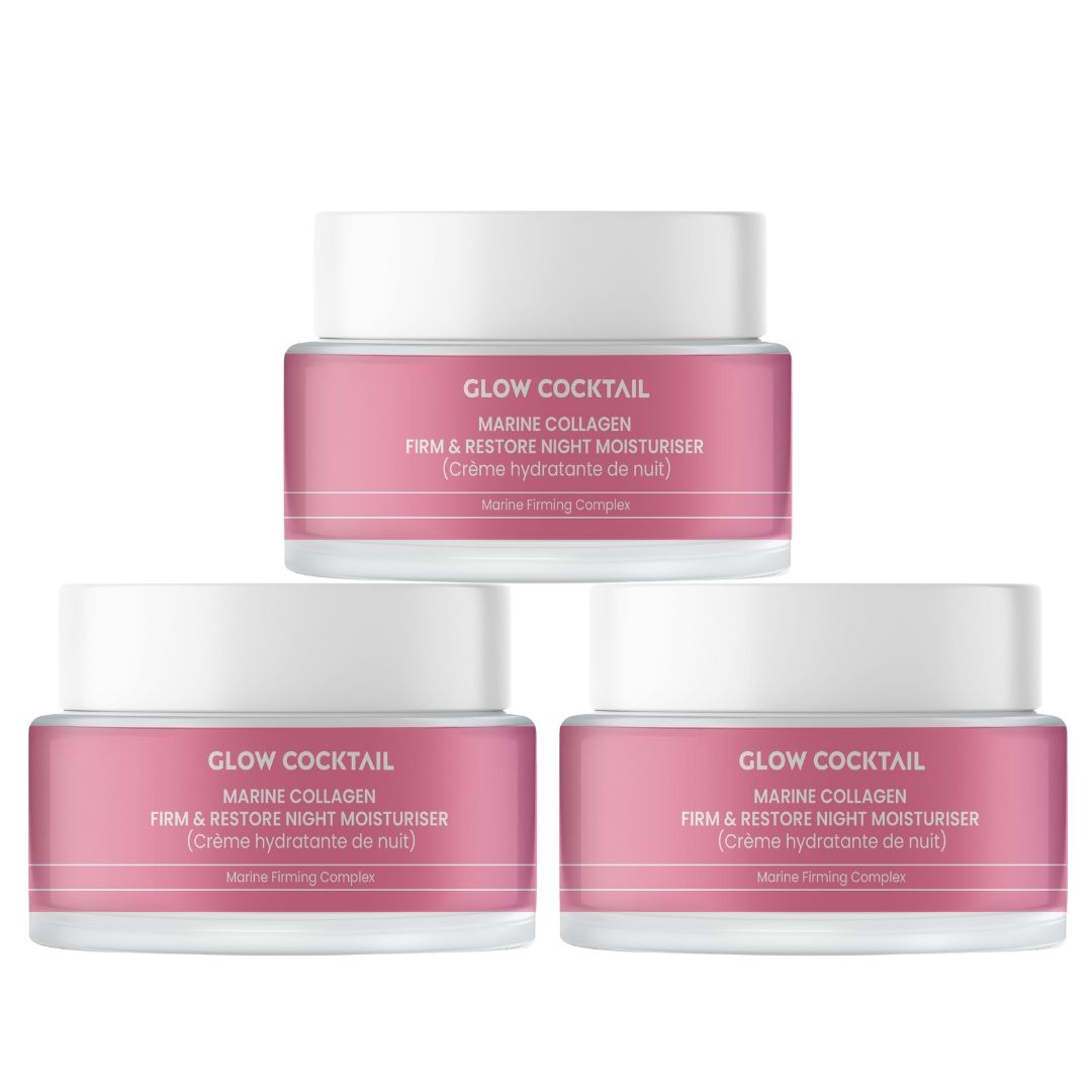 Drei Tiegel Nachtcreme. Rosa Etikett mit Text: GLOW COCKTAIL, MARINE COLLAGEN, FIRM & RESTORE NIGHT MOISTURISER.