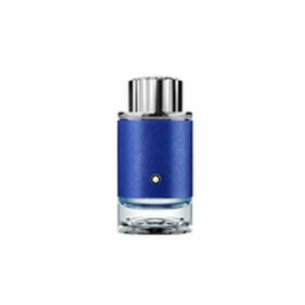Blauer Flakon mit silbernem Deckel. Montblanc-Logo. Glasbasis. Texturierte blaue Hülle.