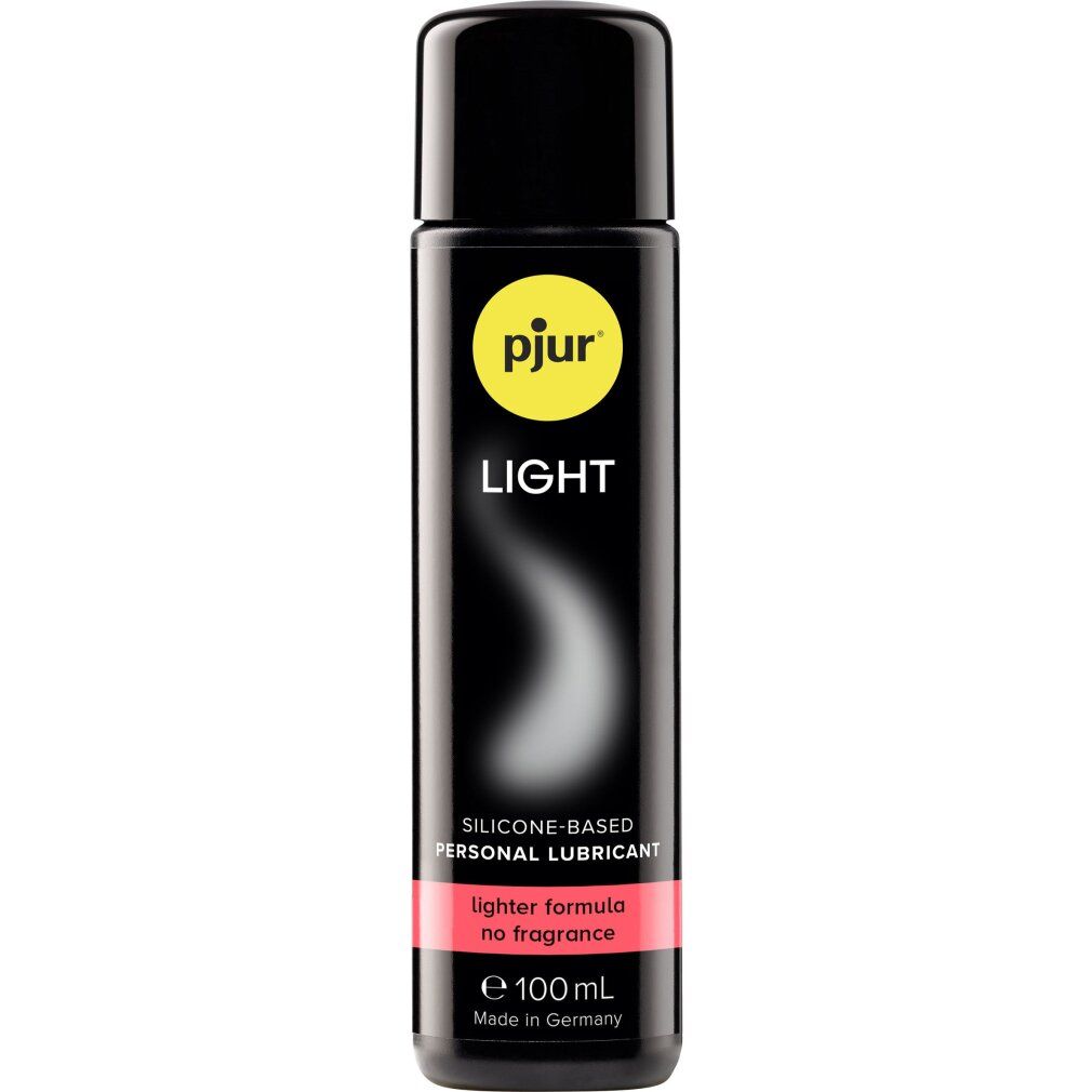 Schwarze Flasche mit pjur LIGHT Logo. Enthält 100ml Silikon-Gleitmittel.