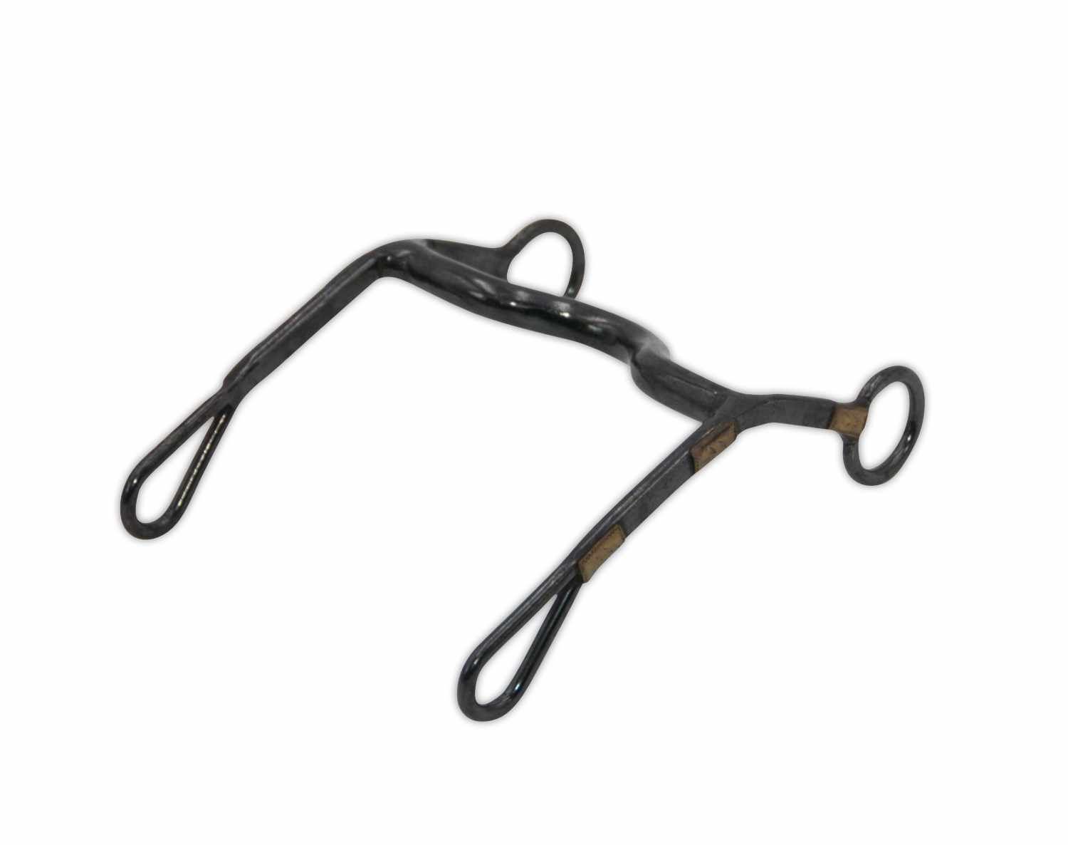 Schwarzes Metallgebiss mit gebogener Stange und Ringen. Zwei längliche Seitenteile mit Ösen.