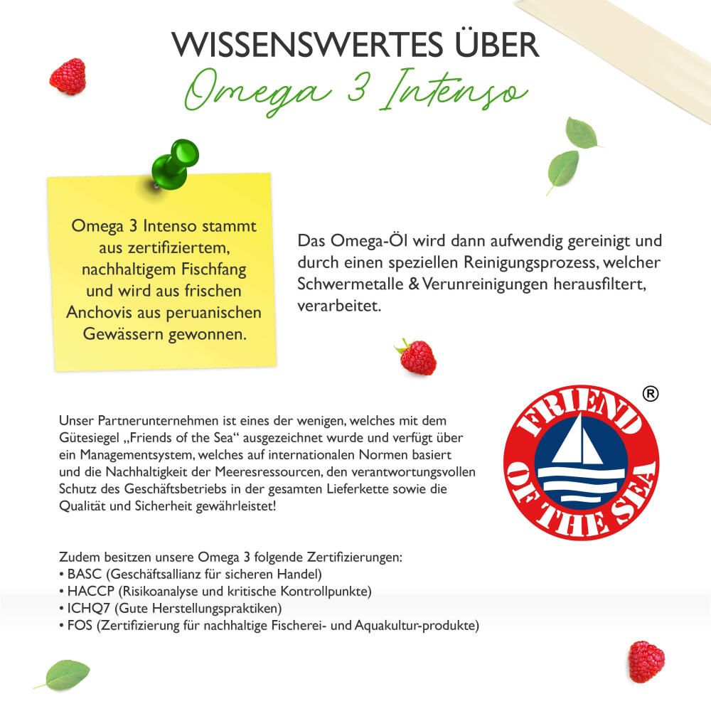 Text über Omega 3 Intenso. Herkunft aus zertifiziertem Fischfang. Logo: Friend of the Sea. Zertifizierungen: BASC, HACCP, ICHQ7, FOS.