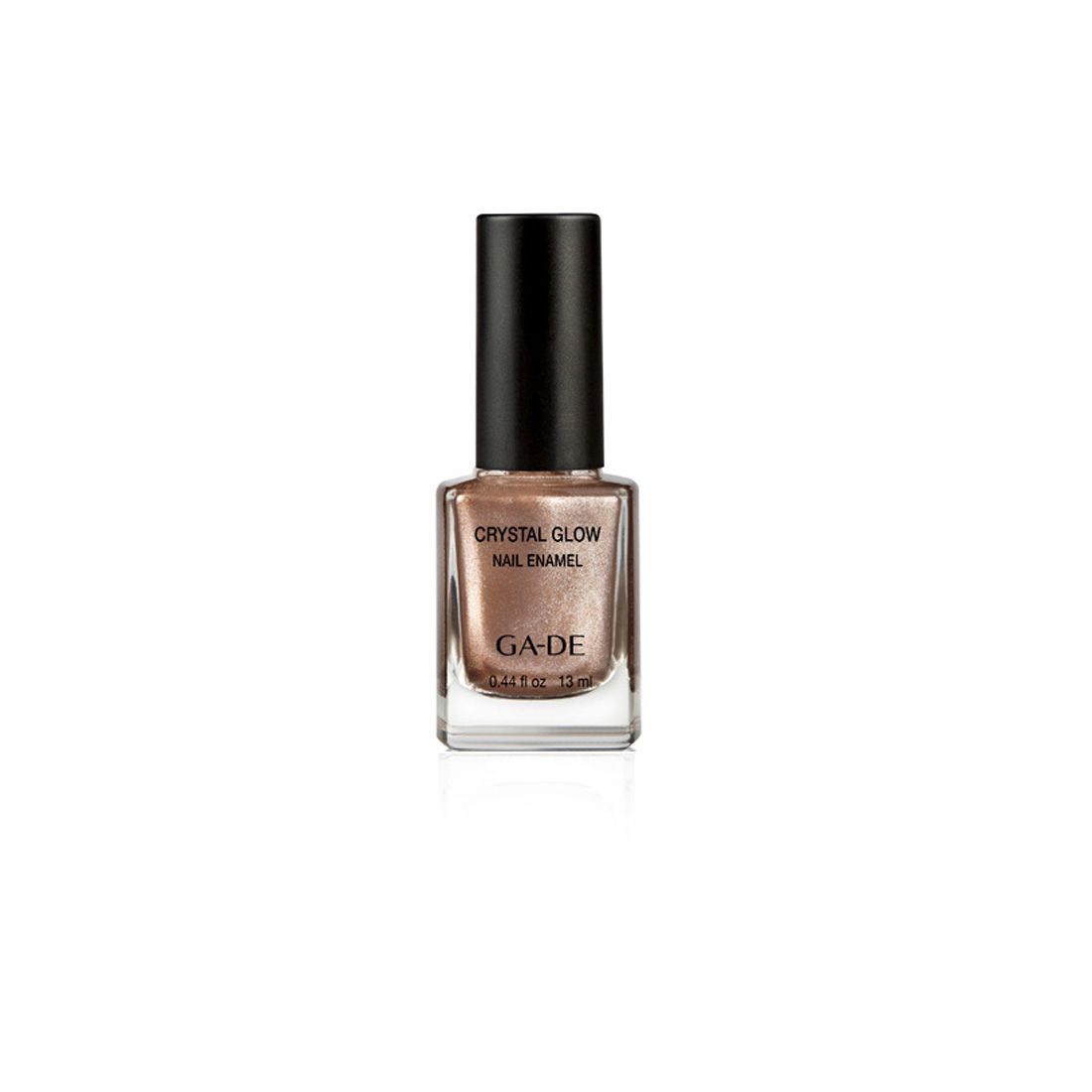 Ga-De Crystal Glow Nagellack. Flasche mit schwarzem Deckel. Aufschrift: Crystal Glow Nail Enamel. Marke: GA-DE.