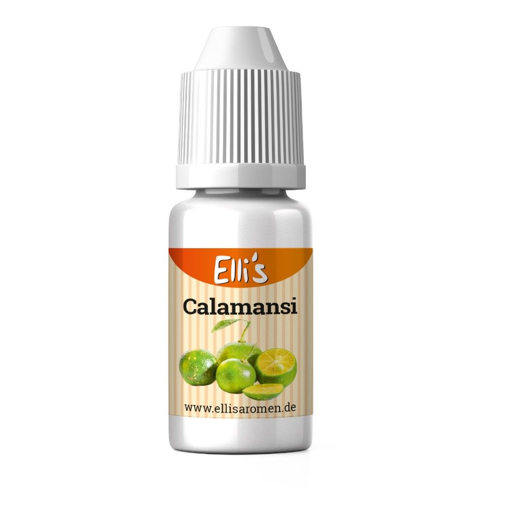 Weiße Flasche mit weißem Deckel. Etikett mit Produktname 'Calamansi' und Abbildung von Limetten. Marke: Elli's.