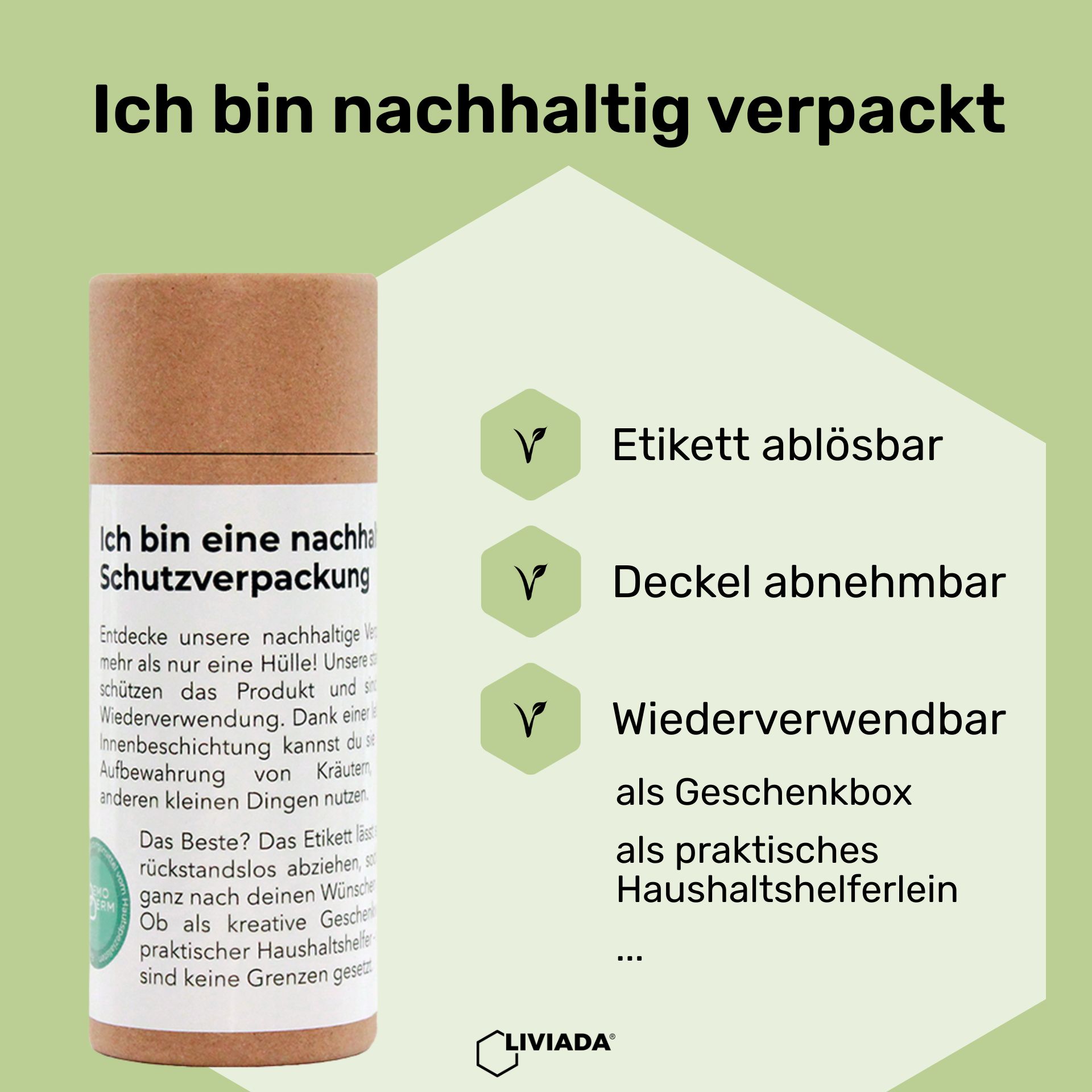 Braune Pappverpackung mit Text: "Ich bin nachhaltig verpackt". Logos und Text.