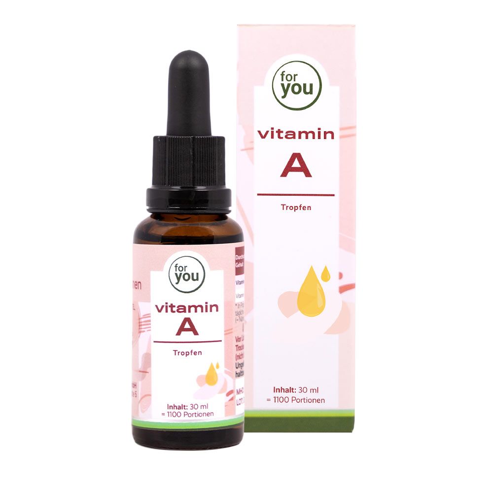 Braune Glasflasche mit Tropfer und Verpackung. Aufschrift: for you Vitamin A Tropfen. Rosa Etikett mit gelben Tropfen.