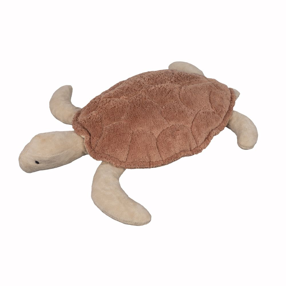 Plüschtier Schildkröte, brauner Panzer, beige Gliedmaßen. Liegend, auf weißem Hintergrund.