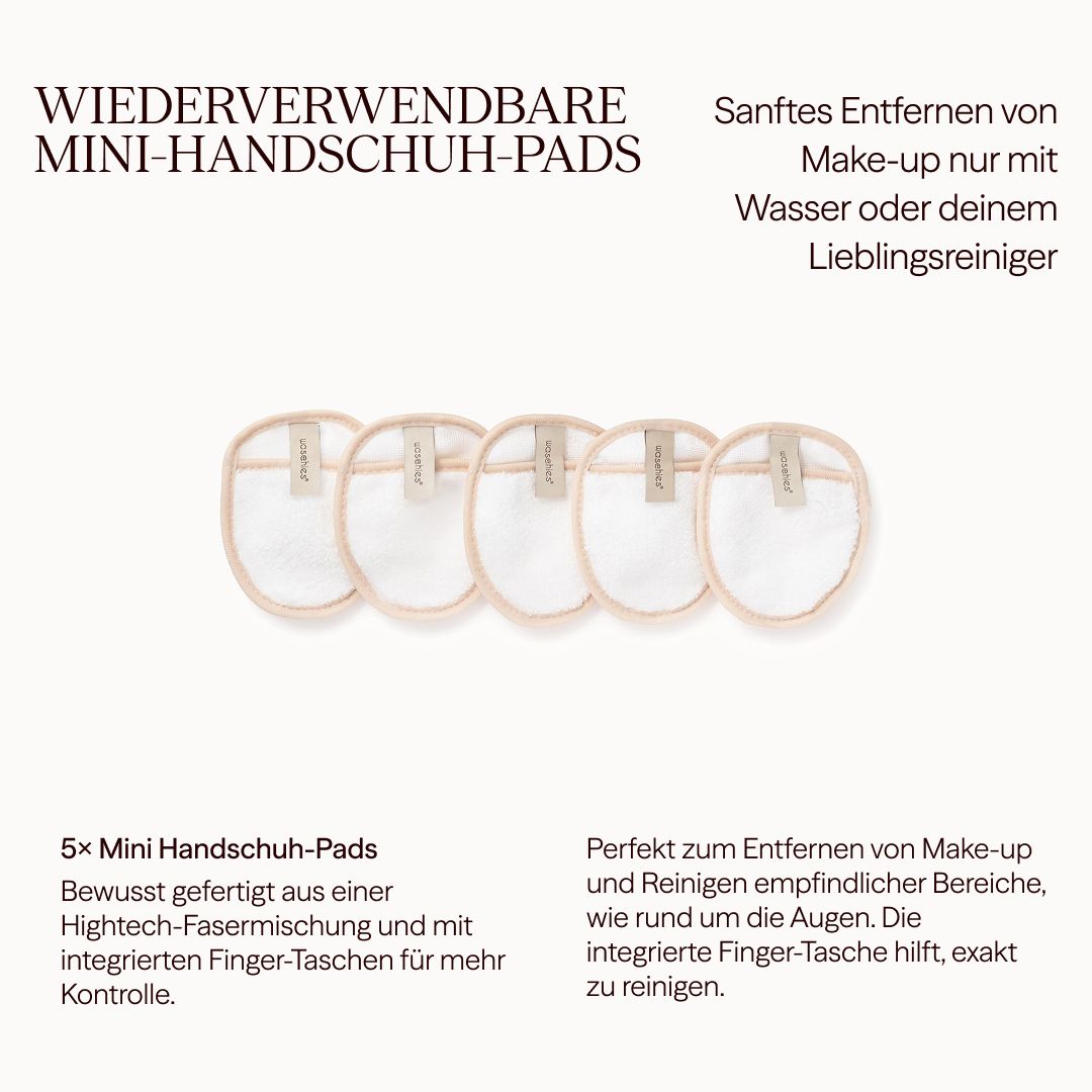 Text: Wiederverwendbare Mini-Handschuh-Pads. Fünf Pads mit Fingertasche. Text: Sanftes Entfernen von Make-up nur mit Wasser oder Reiniger.