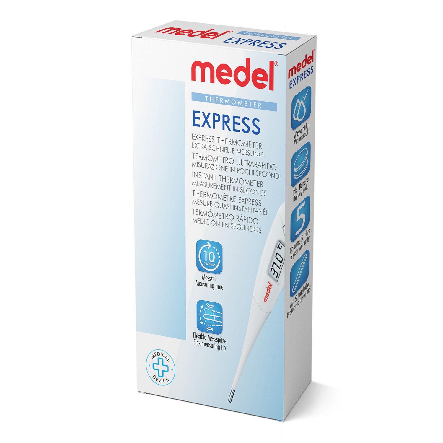 Verpackung des Medel Express Thermometers mit Produktmerkmalen und Zertifizierungen.