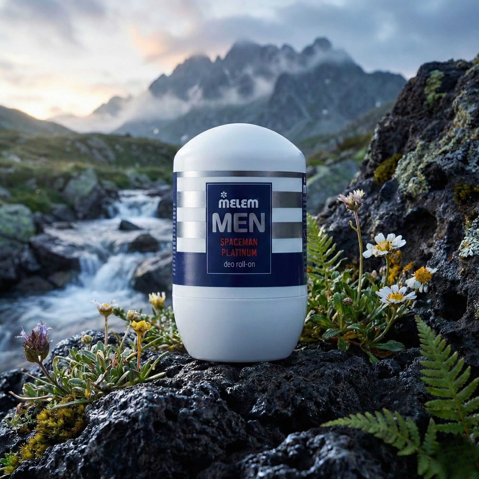 Weißer Roll-on-Deo mit blauer und silberner Beschriftung. Auf einem Felsen vor einer Berglandschaft platziert.