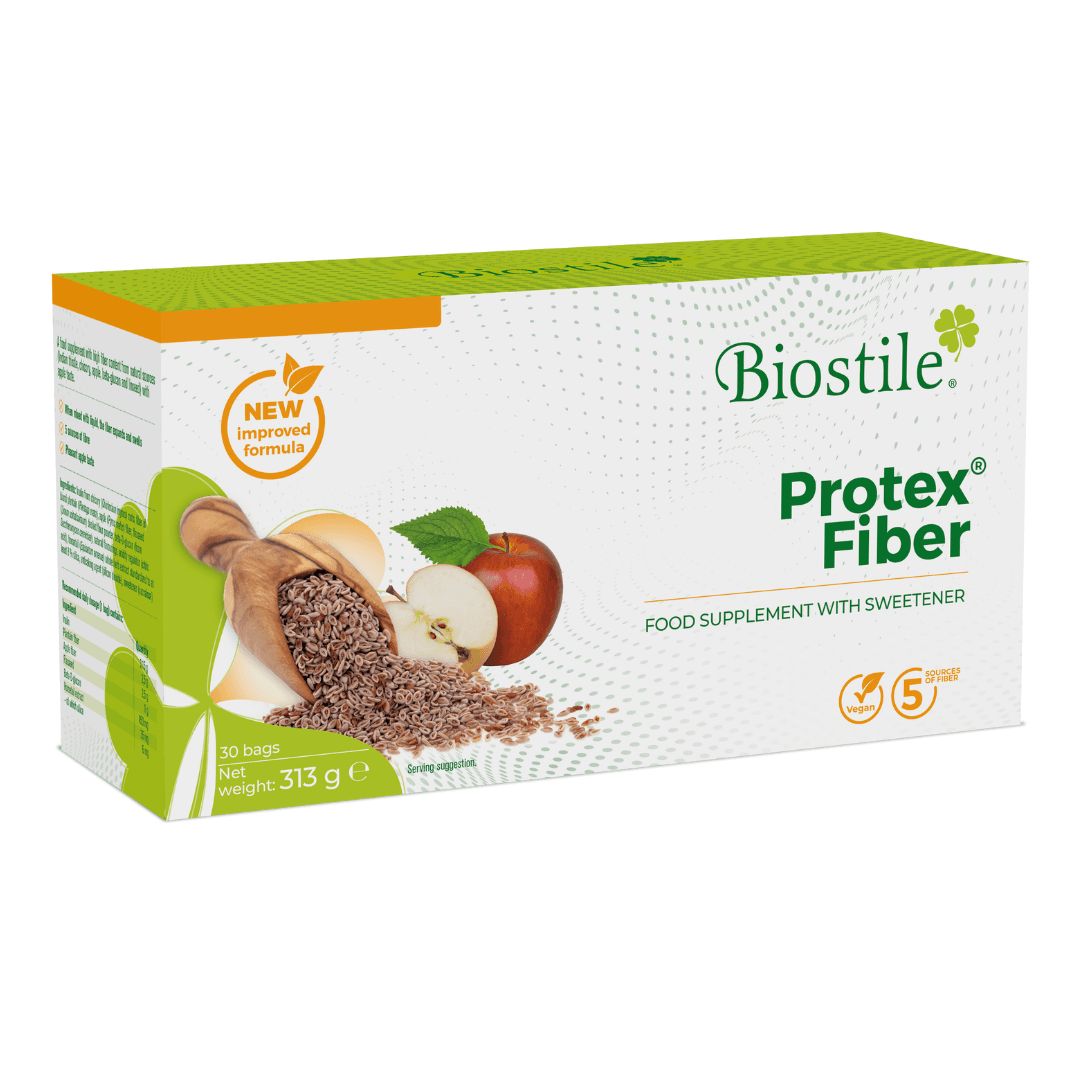 Biostile Protex Fiber Karton mit Äpfeln und Leinsamen.