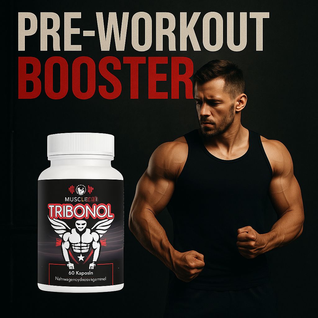 Weiße Flasche mit schwarzem Etikett neben einem muskulösen Mann. Aufschrift: Tribonol, 60 Kapseln. Text: PRE-WORKOUT BOOSTER.