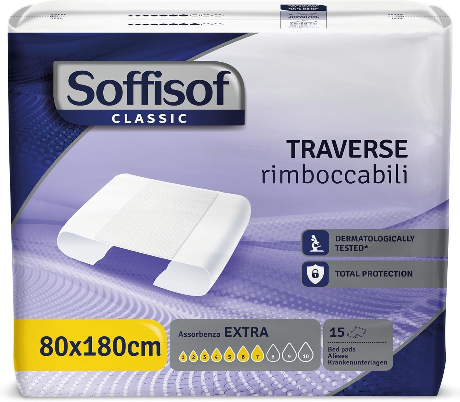 Verpackung mit Bettunterlagen. Größe 80x180cm. Extra Saugfähigkeit. Dermatologisch getestet. Gesamt-Schutz. 15 Stück.