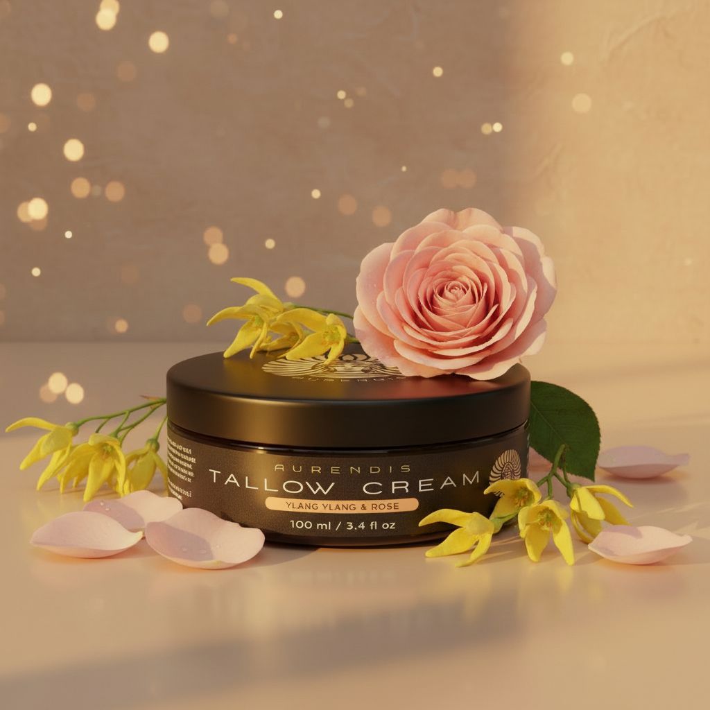 Tiegel Tallow Creme, umgeben von Blüten und Blütenblättern. Ylang Ylang & Rose. 100 ml / 3.4 fl oz.