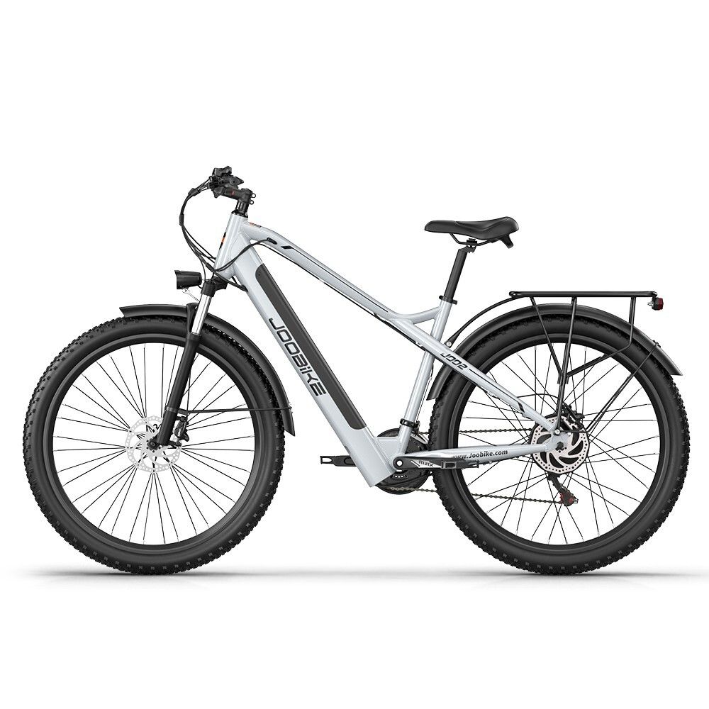 Graues E-Bike JOOBIKE J002, 29 Zoll, All-Terrain-Reifen, Gepäckträger, schwarze Schutzbleche.