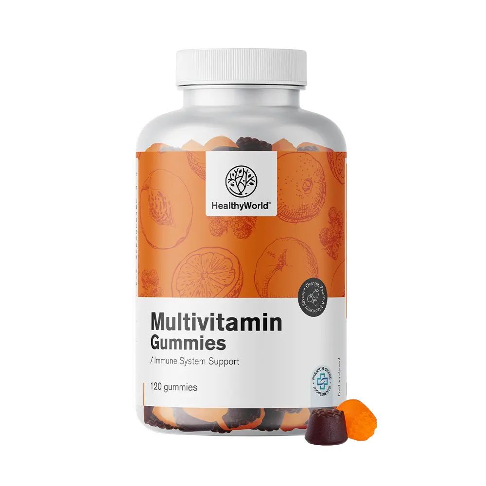 Transparente Flasche mit Multivitamin Gummies. Aufschrift: HealthyWorld, Multivitamin Gummies, 120 Gummies.