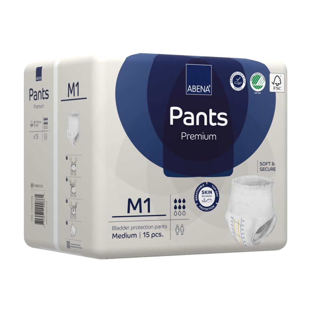 Abena Pants Premium M1 Packung. Verpackung mit Produktabbildung, Logo, und Zertifizierungen. Medium, 15 Stück.