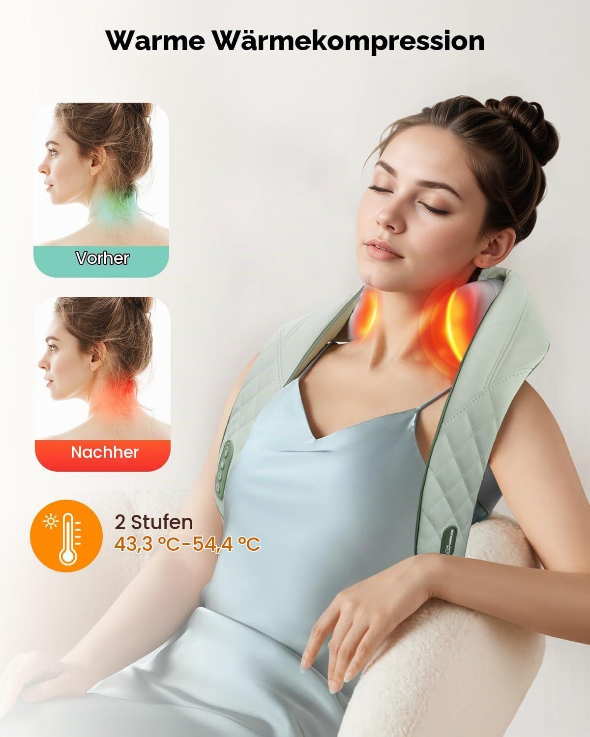 Nackenmassagegerät mit Wärmekompressionsfunktion in zwei Stufen (43,3-54,4°C).