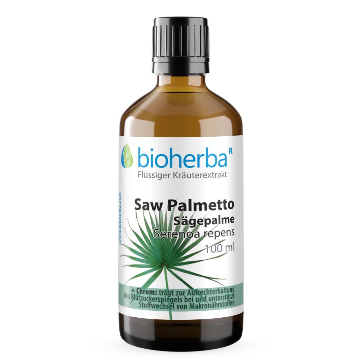 Braune Glasflasche mit Bioherba Saw Palmetto Tinktur. Etikett mit Produktinformationen.