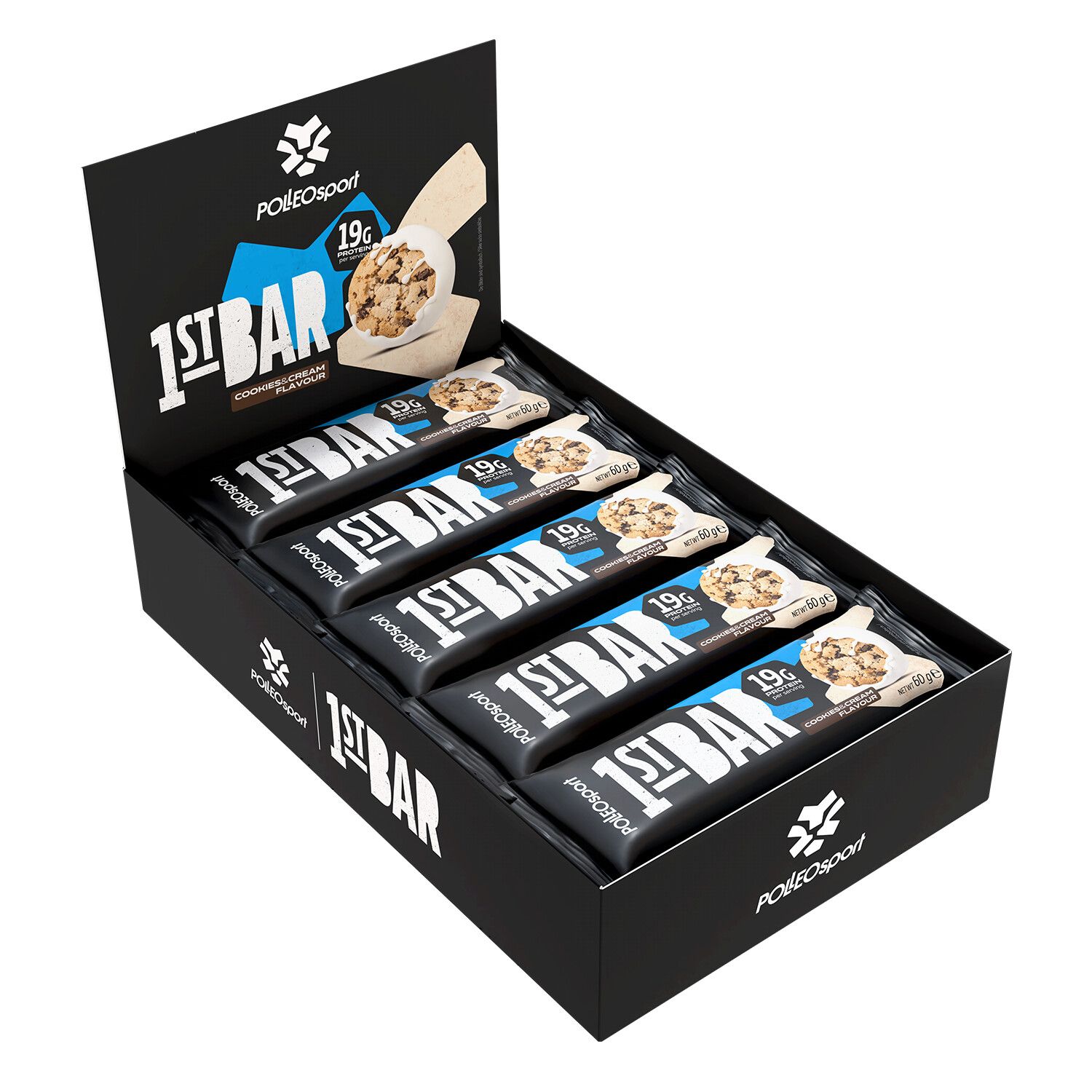 Schwarzer Karton mit mehreren Riegeln. Aufschrift "1ST BAR". Blaue Akzente. Abbildung von Keksen und Sahne. 19g Protein.