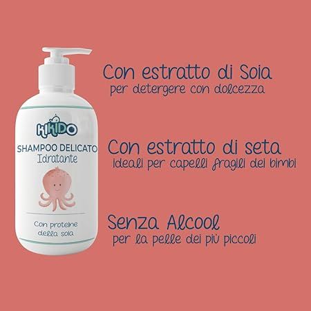 Kikido-Shampoo-Flasche mit Pumpaufsatz. Aufschrift: Shampoo Delicato Idratante. Mit Sojaproteinen.