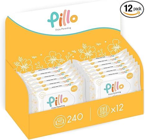Pillo Baby Feuchttücher-Display mit 12 Packungen. Aufschrift: x20, 240. Gelber Karton mit Produktabbildung.