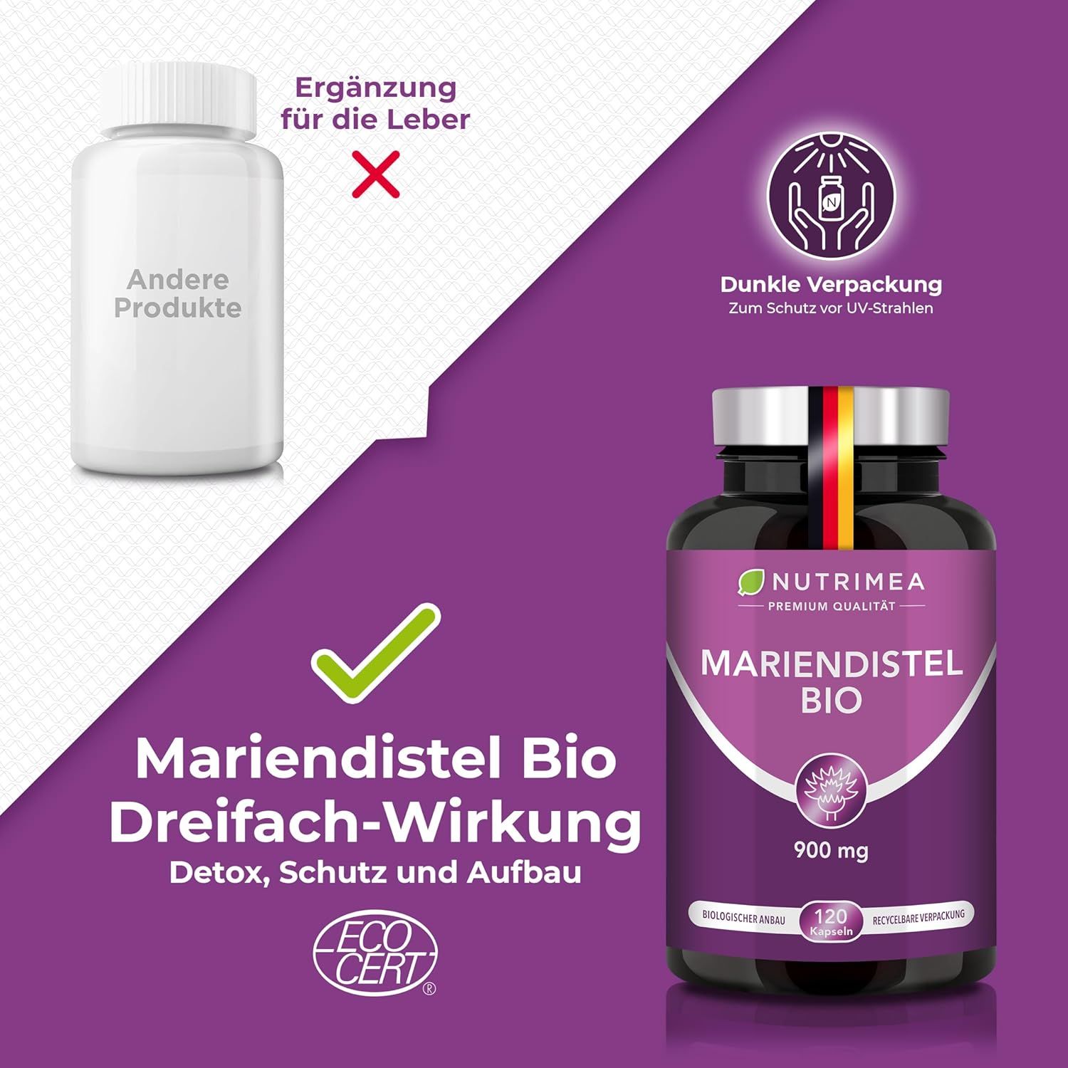 Mariendistel BIO Flasche mit Dreifach-Wirkung. Text: Detox, Schutz und Aufbau. Öko-Zertifizierung. Dunkle Verpackung.