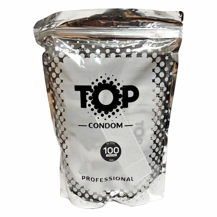 Verpackung mit Kondomen. Aufschrift TOP CONDOM, 100 Stück, PROFESSIONAL. Silberne, transparente Verpackung mit Reißverschluss.