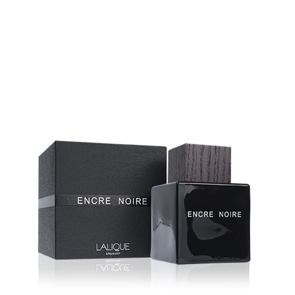 Schwarzer Flakon und Verpackung. Aufschrift: Encre Noire, Eau de Toilette Pour Homme, Lalique. Holzverschluss.