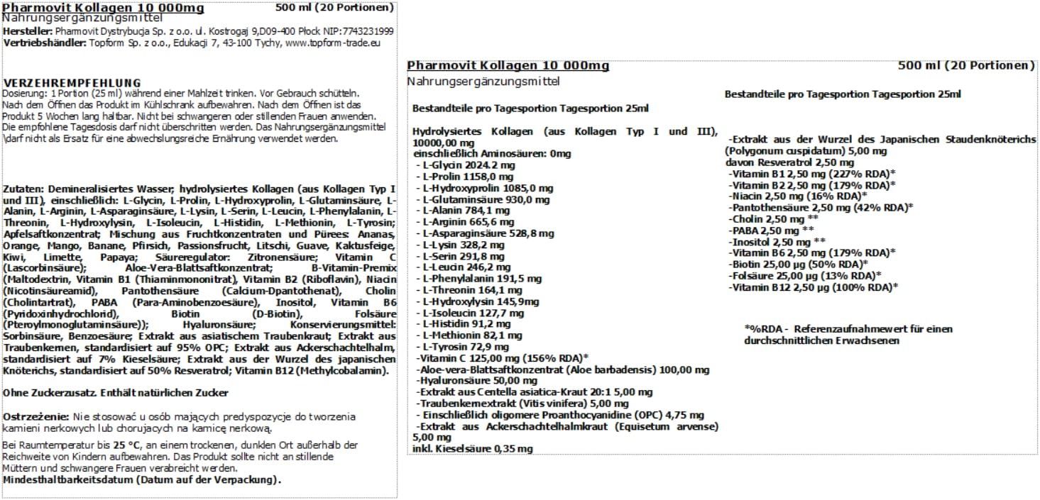 Pharmovit Kollagen 10.000mg: Flasche mit Informationen zu Inhaltsstoffen und Anwendung.