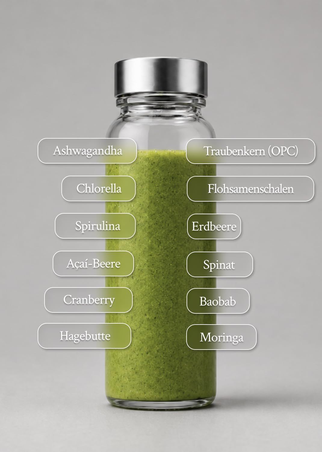 Glasflasche mit grünem Smoothie und Zutatenliste.