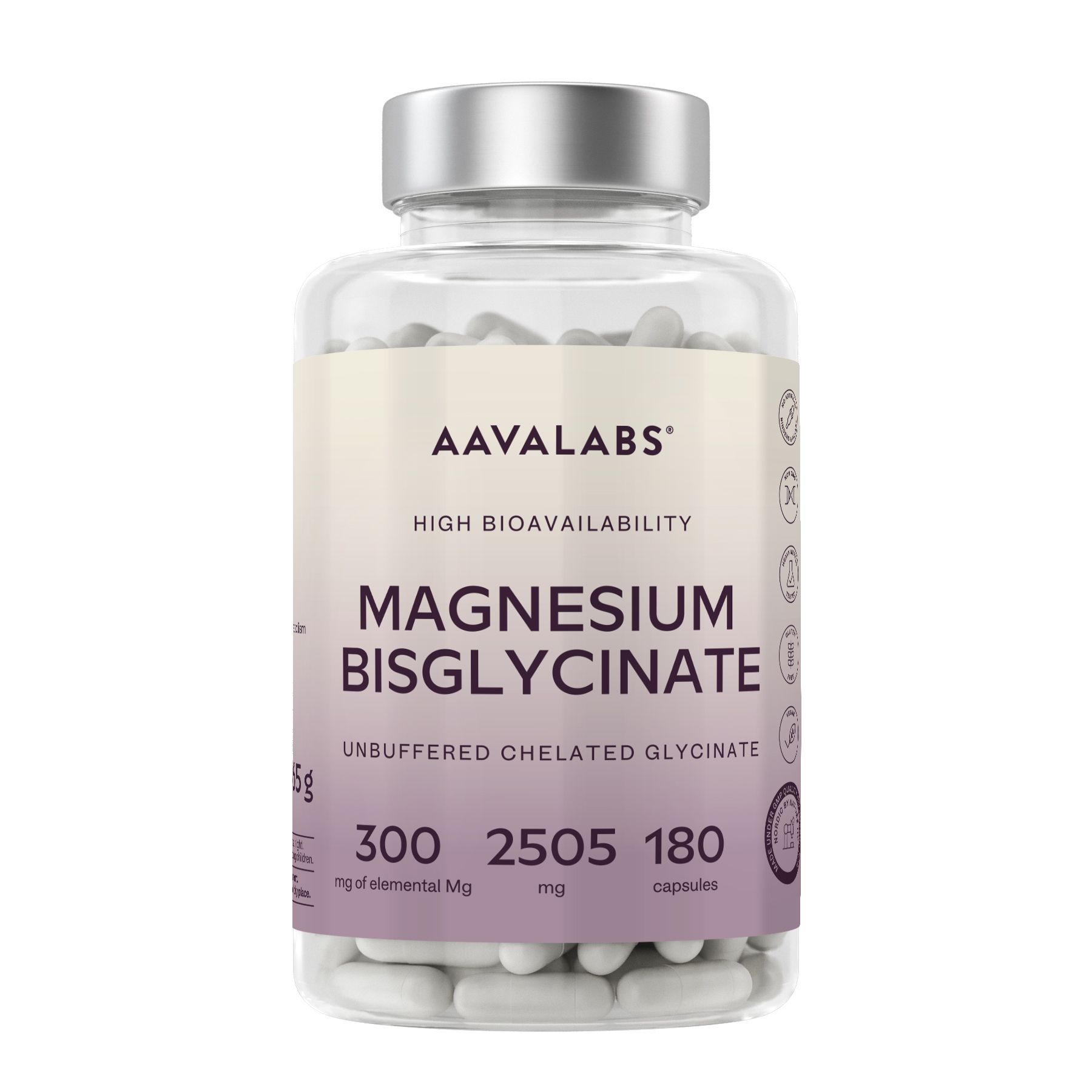 Klare Flasche mit weißen Kapseln. Aufschrift: AAVALABS, Magnesium Bisglycinat. 180 Kapseln.
