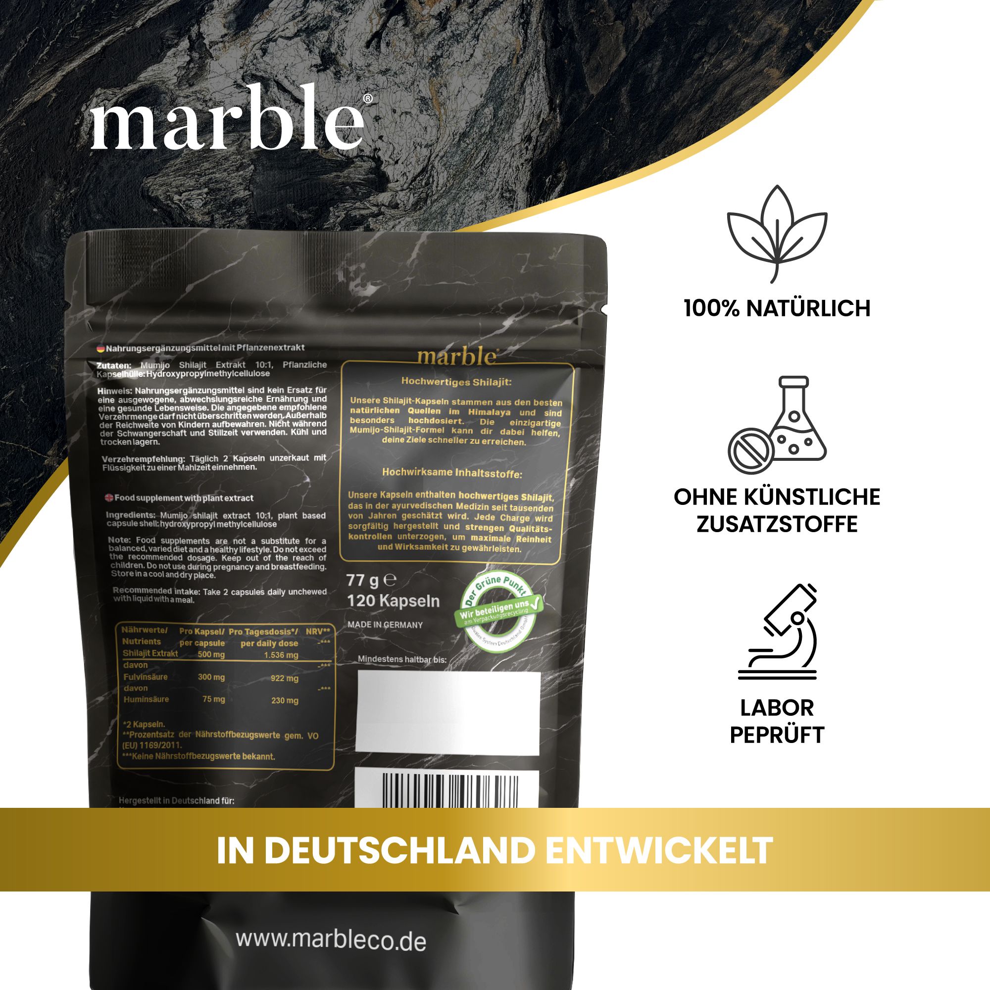 Rückseite der Verpackung mit Text und Logos. Aufschrift: marble, 120 Kapseln, in Deutschland entwickelt. Logos: 100% natürlich, ohne künstliche Zusätze.