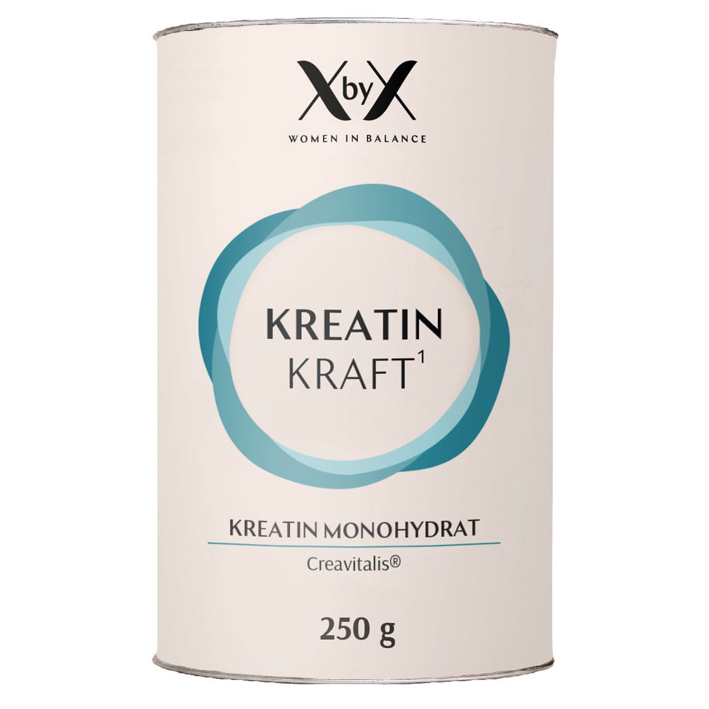 Zylinderdose mit blauem Logo und Text: Kreatin Kraft, Kreatin Monohydrat, Creavitalis, 250g. Marke XbyX.