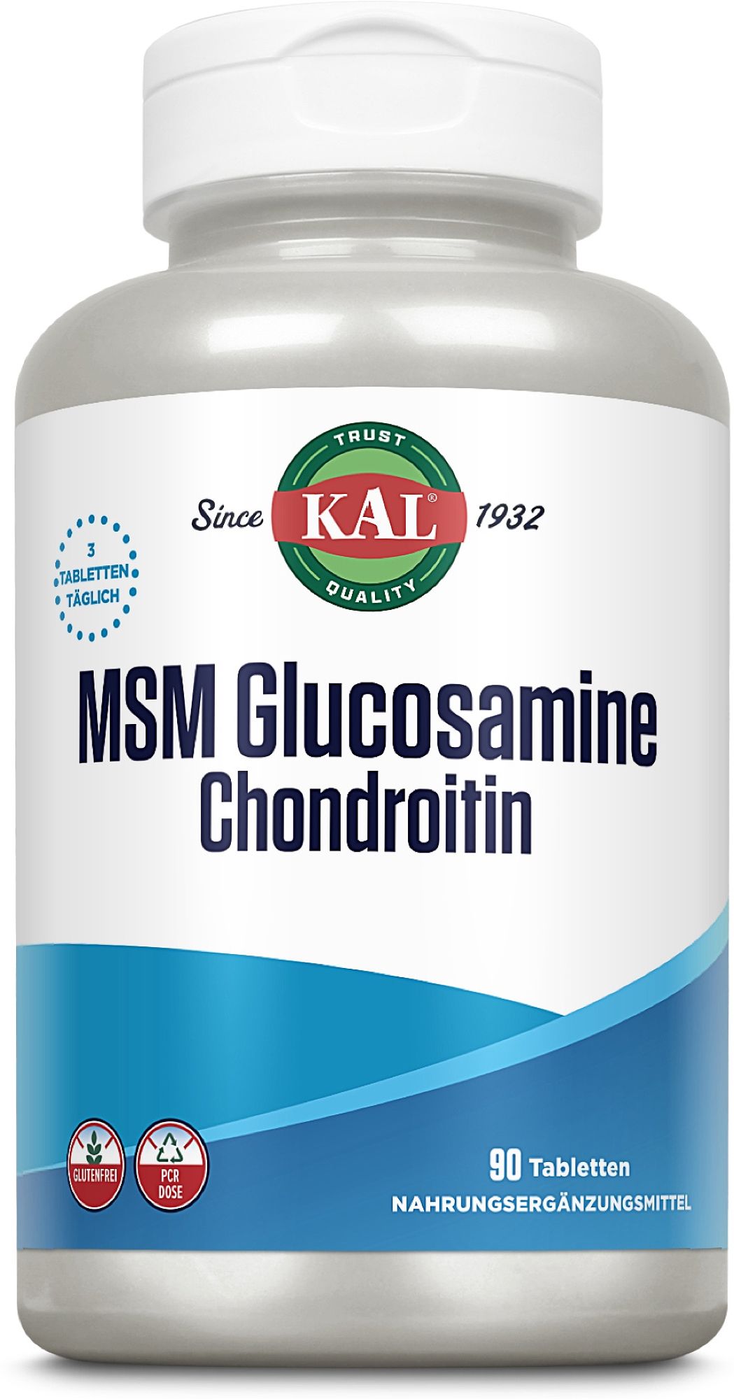 KAL MSM Glucosamin Chondroitin Flasche mit 90 Tabletten. Glutenfrei.